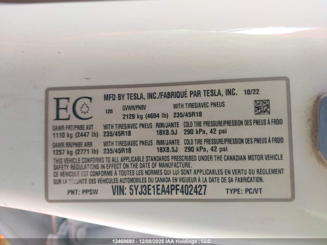 5YJ3E1EA4PF402427 Tesla Model 3 Rwd