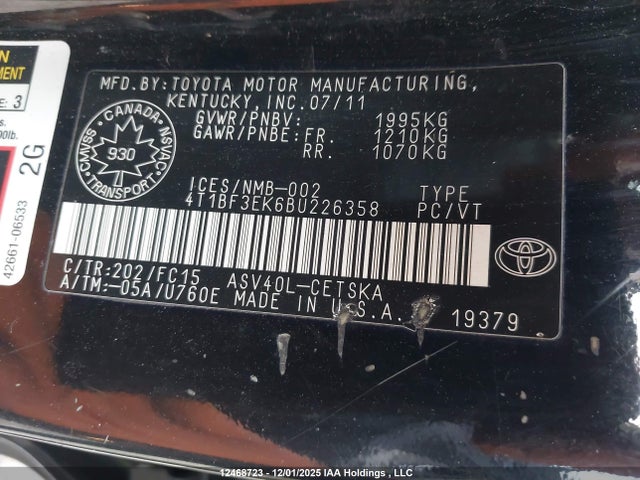 12468723 :رقم المزاد ، 4T1BF3EK6BU226358 vin ، 2011 Toyota Camry Se/le/xle مزاد بيع