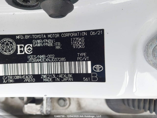 12468755 :رقم المزاد ، JTDBAMDEXNJ037285 vin ، 2022 Toyota Corolla Hybrid Base W/li Battery مزاد بيع