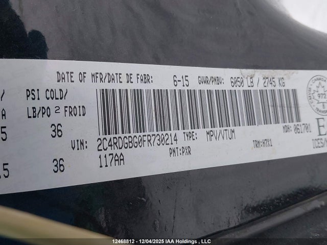 2015 Dodge Grand Caravan Se/sxt მანქანა იყიდება აუქციონზე, vin: 2C4RDGBG0FR730214, აუქციონის ნომერი: 12468812