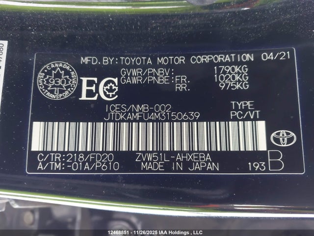 JTDKAMFU4M3150639 Toyota Prius