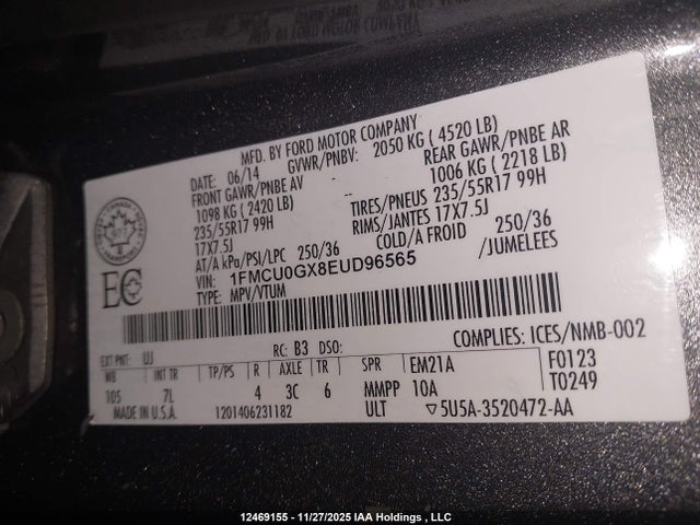 2014 Ford Escape მანქანა იყიდება აუქციონზე, vin: 1FMCU0GX8EUD96565, აუქციონის ნომერი: 12469155