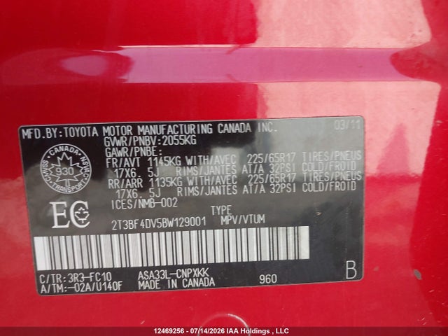Aukcja sprzedaży 2011 Toyota Rav4, vin: 2T3BF4DV5BW129001, numer aukcji: 12469256