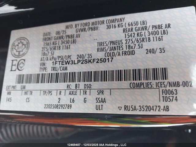 Продаж на аукціоні авто 2025 Ford F-150 Xlt, vin: 1FTEW3LP2SKF25017, номер лоту: 12469407