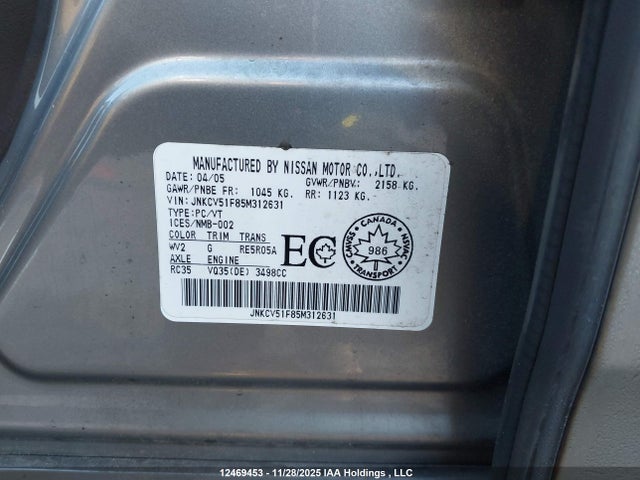 Aukcja sprzedaży 2005 Infiniti G35, vin: JNKCV51F85M312631, numer aukcji: 12469453