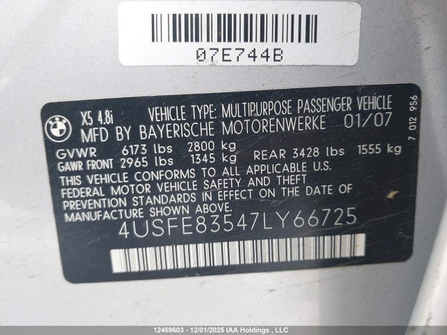 Продаж на аукціоні авто 2007 Bmw X5 4.8i, vin: 4USFE83547LY66725, номер лоту: 12469603