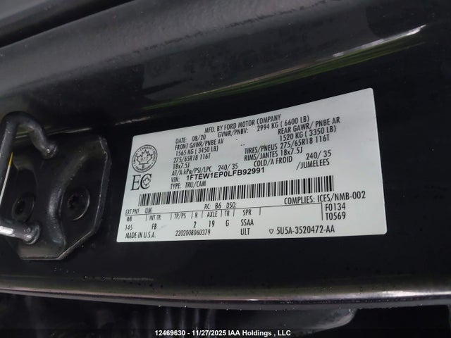 12469630 :رقم المزاد ، 1FTEW1EP0LFB92991 vin ، 2020 Ford F-150 Xlt مزاد بيع