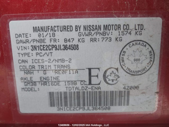 12469656 :رقم المزاد ، 3N1CE2CP9JL364508 vin ، 2018 Nissan Versa مزاد بيع