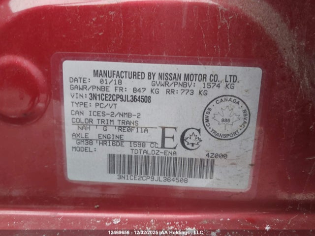 12469656 :رقم المزاد ، 3N1CE2CP9JL364508 vin ، 2018 Nissan Versa مزاد بيع
