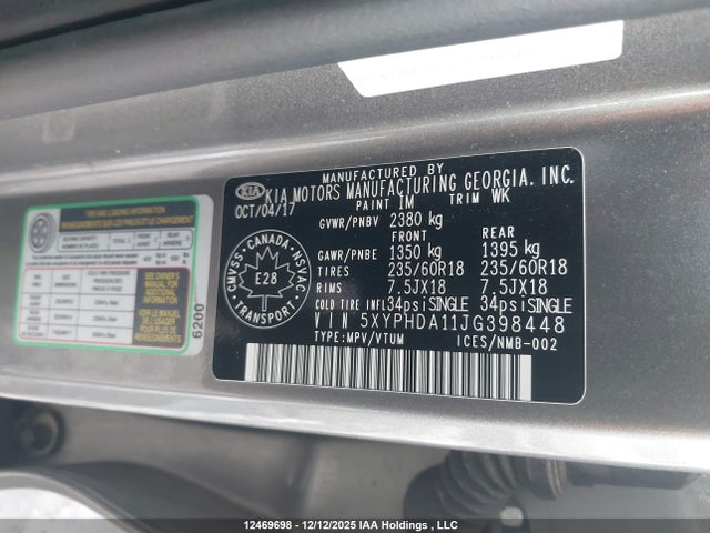 5XYPHDA11JG398448 KIA Sorento 2.0l Ex