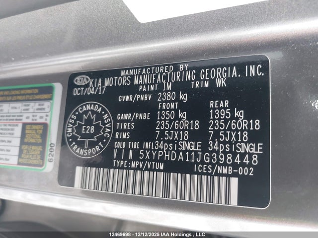 5XYPHDA11JG398448 KIA Sorento 2.0l Ex