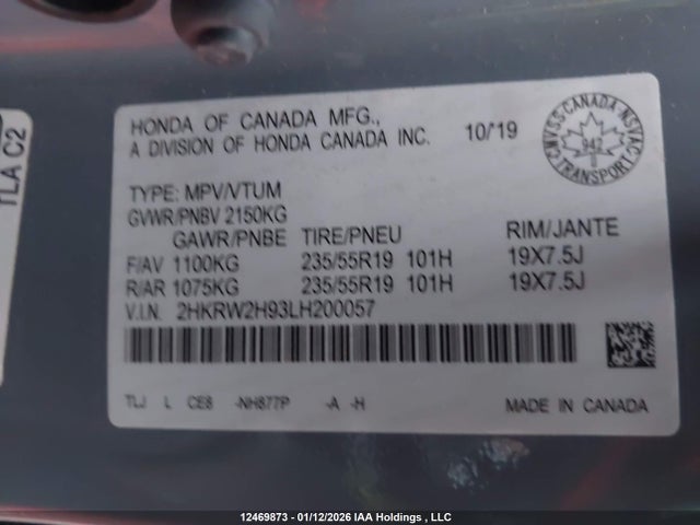12469873 :رقم المزاد ، 2HKRW2H93LH200057 vin ، 2020 Honda Cr-v مزاد بيع