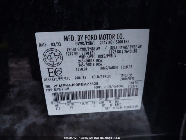 12469912 :رقم المزاد ، 2FMPK4J99PBA27828 vin ، 2023 Ford Edge Sel مزاد بيع