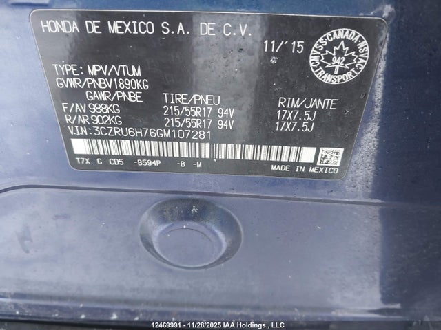 3CZRU6H76GM107281 Honda Hr-v Exl