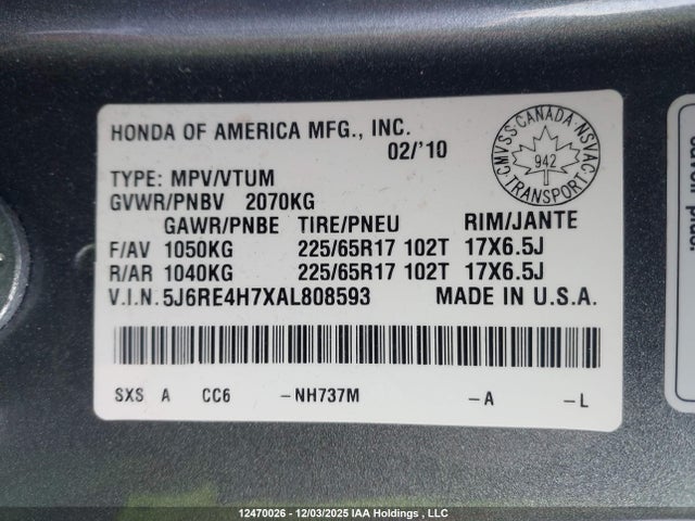 Aukcja sprzedaży 2010 Honda Cr-v Ex-l, vin: 5J6RE4H7XAL808593, numer aukcji: 12470026