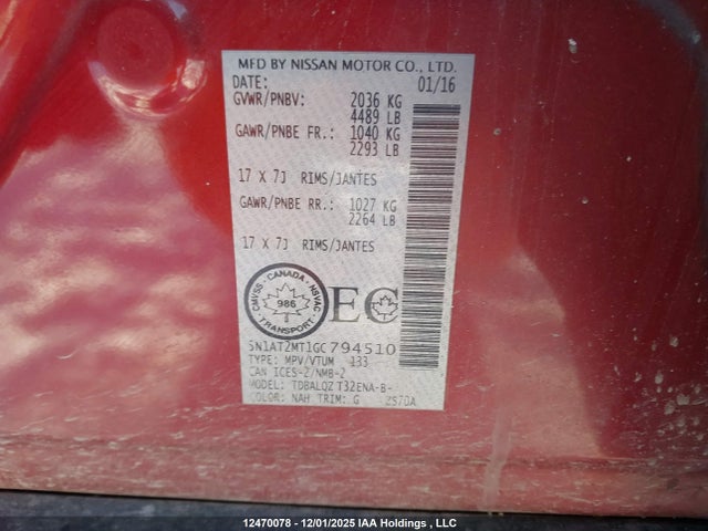 5N1AT2MT1GC794510 Nissan ROGUE S/SV