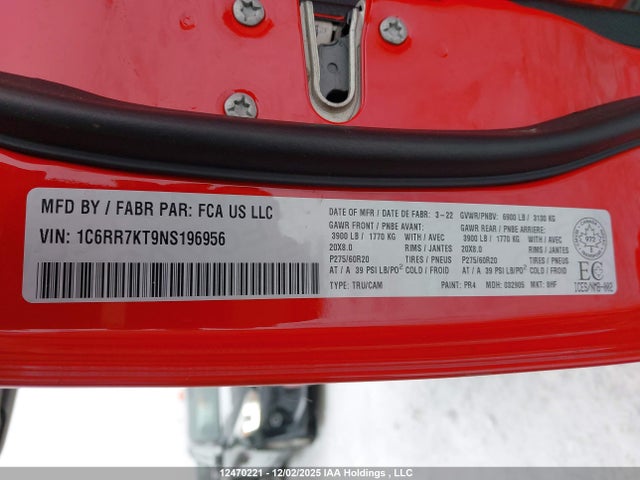 12470221 :رقم المزاد ، 1C6RR7KT9NS196956 vin ، 2022 Dodge Ram 1500 مزاد بيع