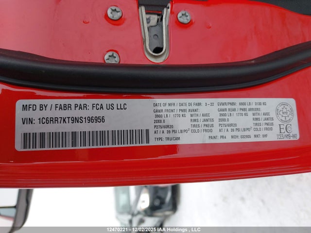 12470221 :رقم المزاد ، 1C6RR7KT9NS196956 vin ، 2022 Dodge Ram 1500 مزاد بيع