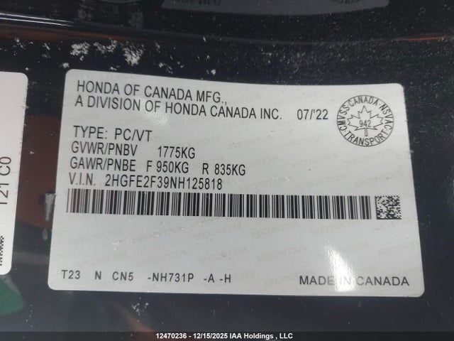 Продаж на аукціоні авто 2022 Honda Civic Ex 4dr, vin: 2HGFE2F39NH125818, номер лоту: 12470236
