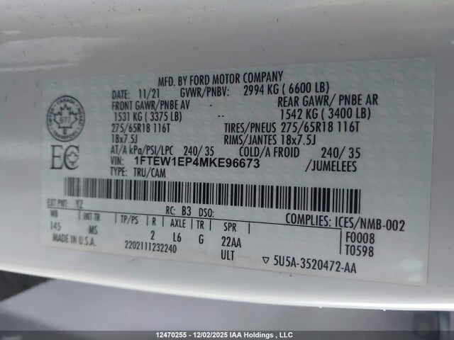 2021 Ford F150 Supercrew მანქანა იყიდება აუქციონზე, vin: 1FTEW1EP4MKE96673, აუქციონის ნომერი: 12470255
