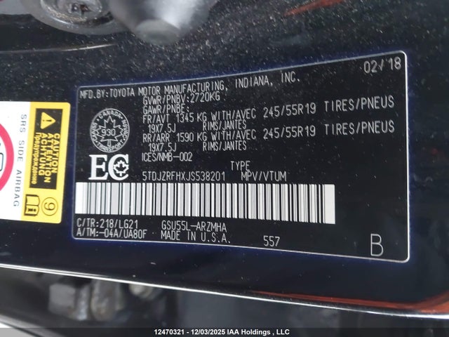 12470321 :رقم المزاد ، 5TDJZRFHXJS538201 vin ، 2018 Toyota Highlander Se/xle مزاد بيع