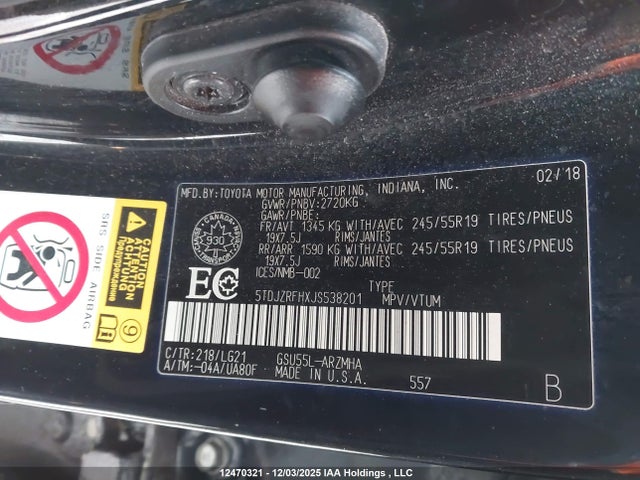 12470321 :رقم المزاد ، 5TDJZRFHXJS538201 vin ، 2018 Toyota Highlander Se/xle مزاد بيع