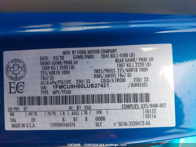 1FMCU9H60LUB27421 Ford ESCAPE SEL