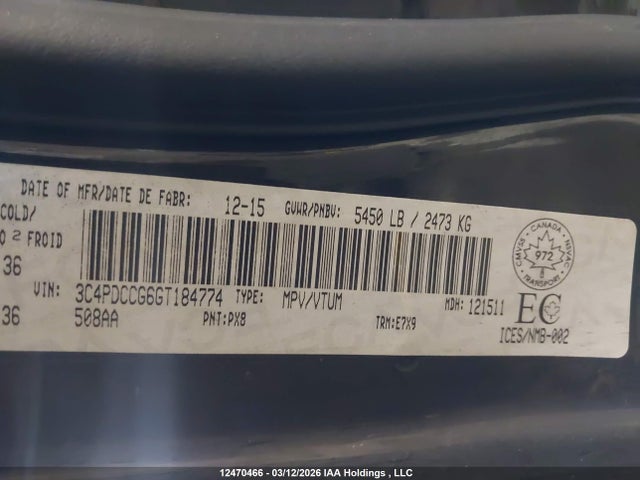 12470466 :رقم المزاد ، 3C4PDCCG6GT184774 vin ، 2016 Dodge Journey Sxt/limited مزاد بيع