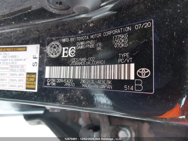 Aukcja sprzedaży 2021 Toyota Corolla Hybrid Base W/li Battery, vin: JTDBAMDE6MJ008901, numer aukcji: 12470491