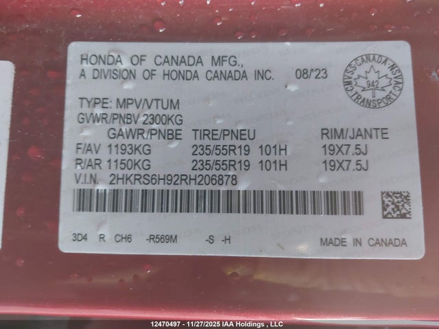2HKRS6H92RH206878 Honda Cr-v Touring Hybrid