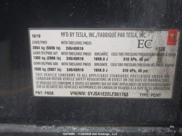 5YJSA1E22LF351763 Tesla Model S Long Range/long Range Plus
