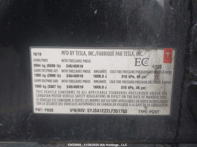 5YJSA1E22LF351763 Tesla Model S Long Range/long Range Plus