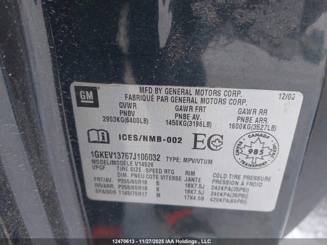 Aukcja sprzedaży 2007 Gmc Acadia Sle, vin: 1GKEV13767J106032, numer aukcji: 12470613