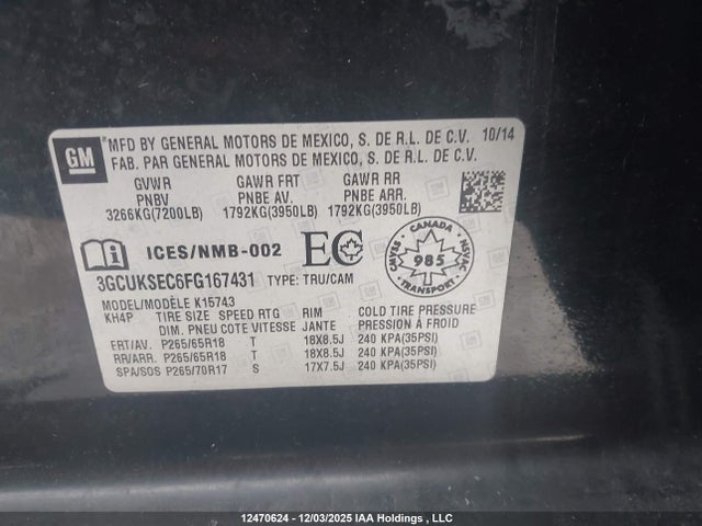 Продаж на аукціоні авто 2015 Chevrolet Silverado K1500 Ltz, vin: 3GCUKSEC6FG167431, номер лоту: 12470624