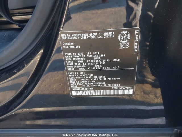 Продажа на аукционе авто 2019 Volkswagen Atlas Sel Premium, vin: 1V2NR2CA8KC547979, номер лота: 12470727