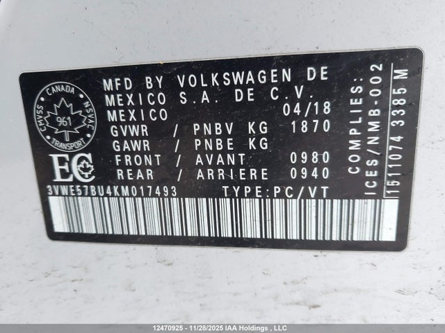 3VWE57BU4KM017493 Volkswagen Jetta 1.4 Tsi Highline