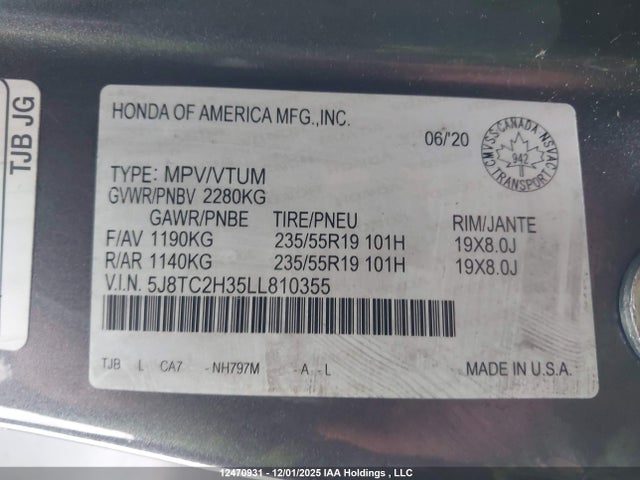 Продаж на аукціоні авто 2020 Acura Rdx Tech, vin: 5J8TC2H35LL810355, номер лоту: 12470931