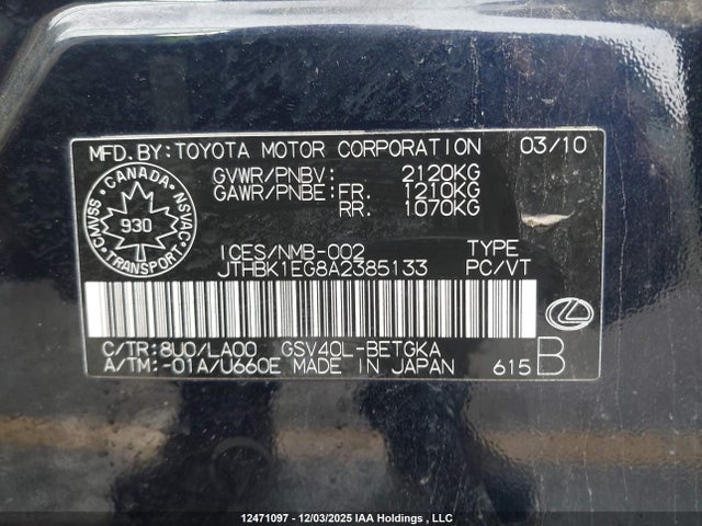 Продажа на аукционе авто 2010 Lexus Es 350 350, vin: JTHBK1EG8A2385133, номер лота: 12471097