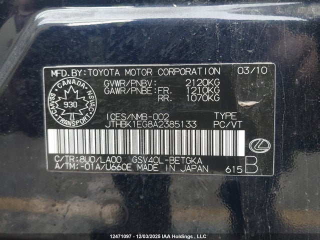 Продажа на аукционе авто 2010 Lexus Es 350 350, vin: JTHBK1EG8A2385133, номер лота: 12471097