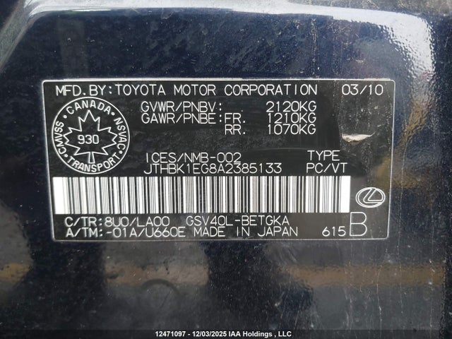 Продажа на аукционе авто 2010 Lexus Es 350 350, vin: JTHBK1EG8A2385133, номер лота: 12471097