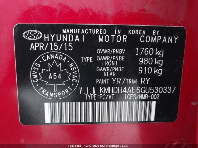 KMHDH4AE6GU530337 Hyundai Elantra Se/sport/limited