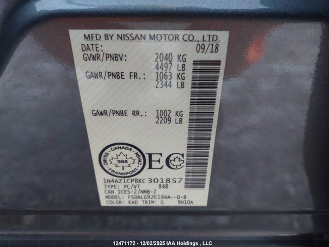 1N4AZ1CP8KC301857 Nissan Leaf