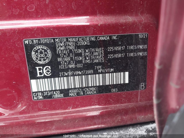 2T3W1RFV8MW173989 Toyota Rav4 Xle/xle Premium