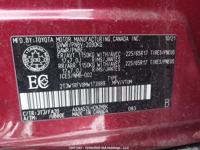 2T3W1RFV8MW173989 Toyota Rav4 Xle/xle Premium