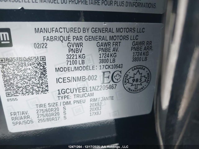 1GCUYEEL1NZ205467 Chevrolet Silverado Ltd K1500 Rst