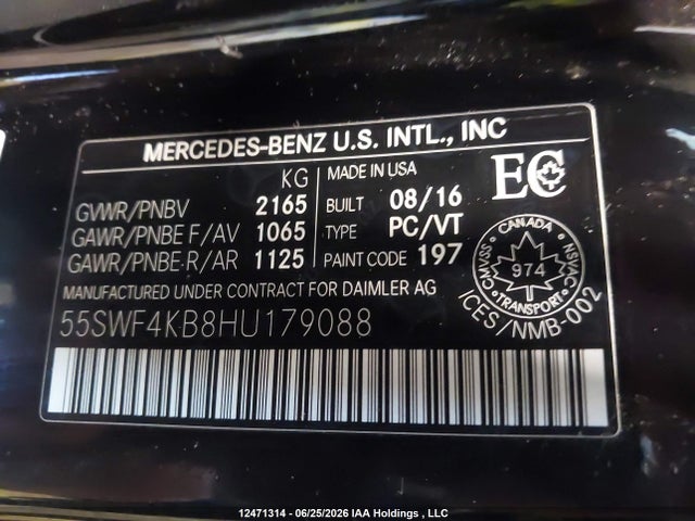 Auction sale of the 2017 Mercedes-benz C 300 4matic, vin: 55SWF4KB8HU179088, lot number: 12471314