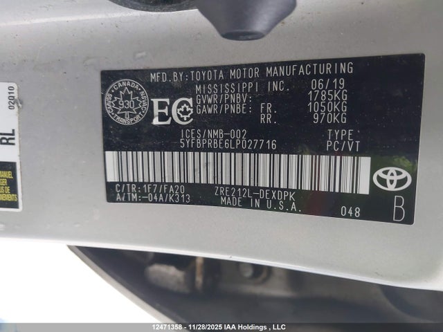 Aukcja sprzedaży 2020 Toyota Corolla L, vin: 5YFBPRBE6LP027716, numer aukcji: 12471358