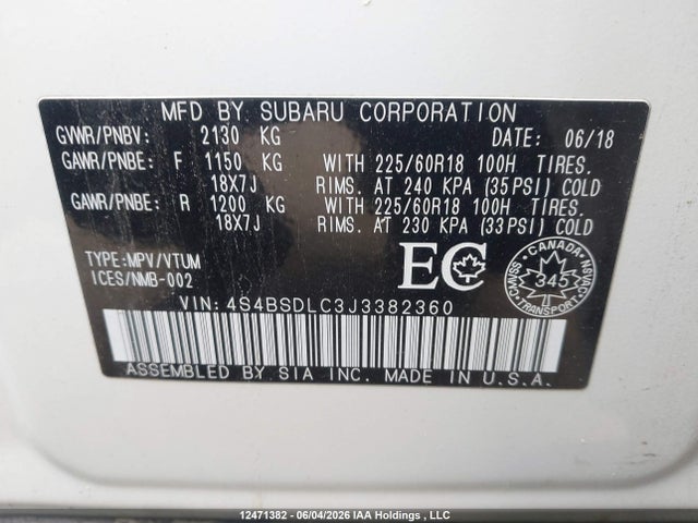 Auction sale of the 2018 Subaru Outback 2.5i Limited, vin: 4S4BSDLC3J3382360, lot number: 12471382