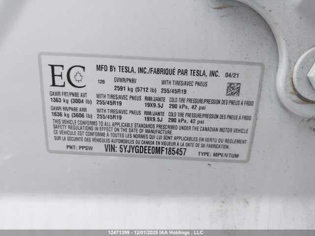 5YJYGDEE0MF185457 Tesla Model Y Long Range