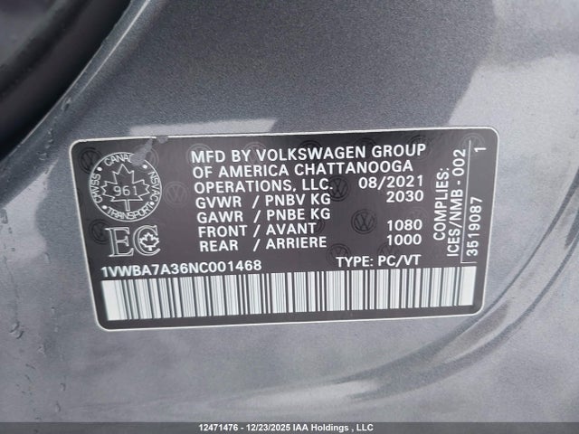 12471476 :رقم المزاد ، 1VWBA7A36NC001468 vin ، 2022 Volkswagen Passat Limited Edition مزاد بيع